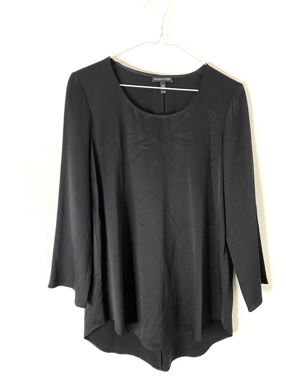 Eileen Fisher Black 100% Silk Tunic Blouse High Low Hem Long Sleeve Top